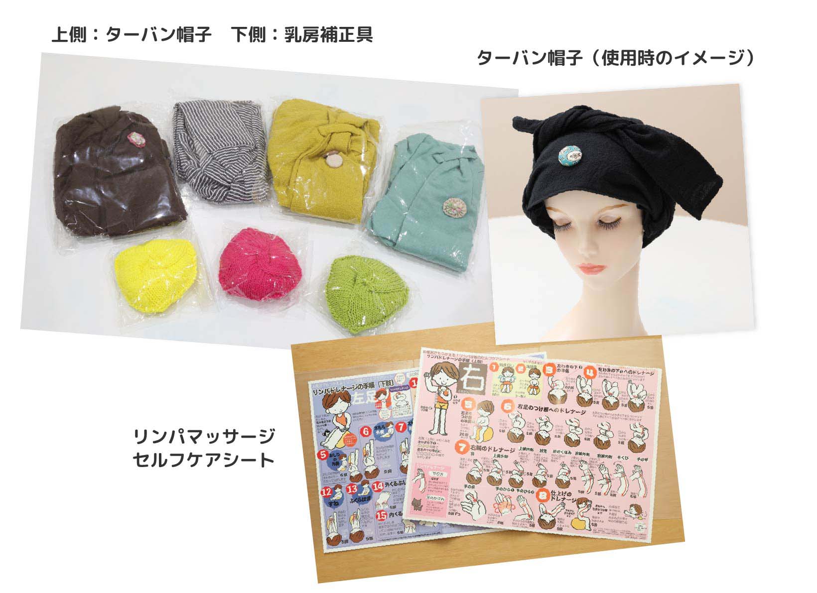 上側：ターバン帽子 下側：乳房補正具。ターバン帽子（使用時のイメージ）。様々な色や柄のターバン帽子が袋に入って並んでいる写真と、マネキンの頭部に黒いターバン帽子を着用した使用時のイメージ写真。リンパマッサージセルフケアシート。リンパマッサージの方法を図解で説明したパンフレットが2枚並んでいる写真。